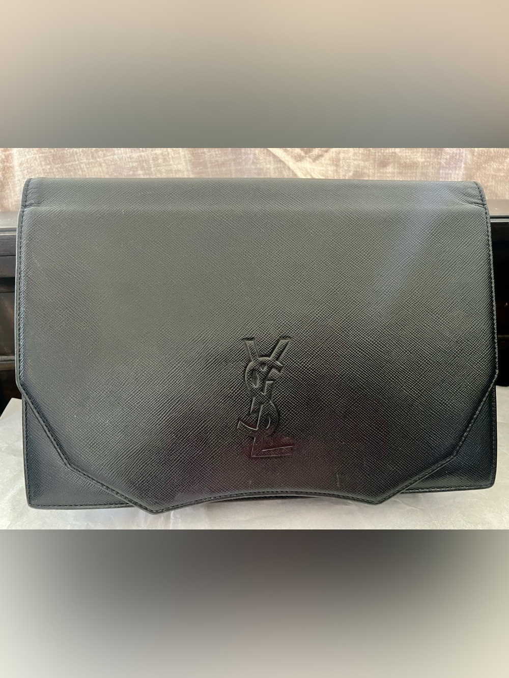 Saint Laurent Black Textured Leather Messenger Bag with Embossed YSL